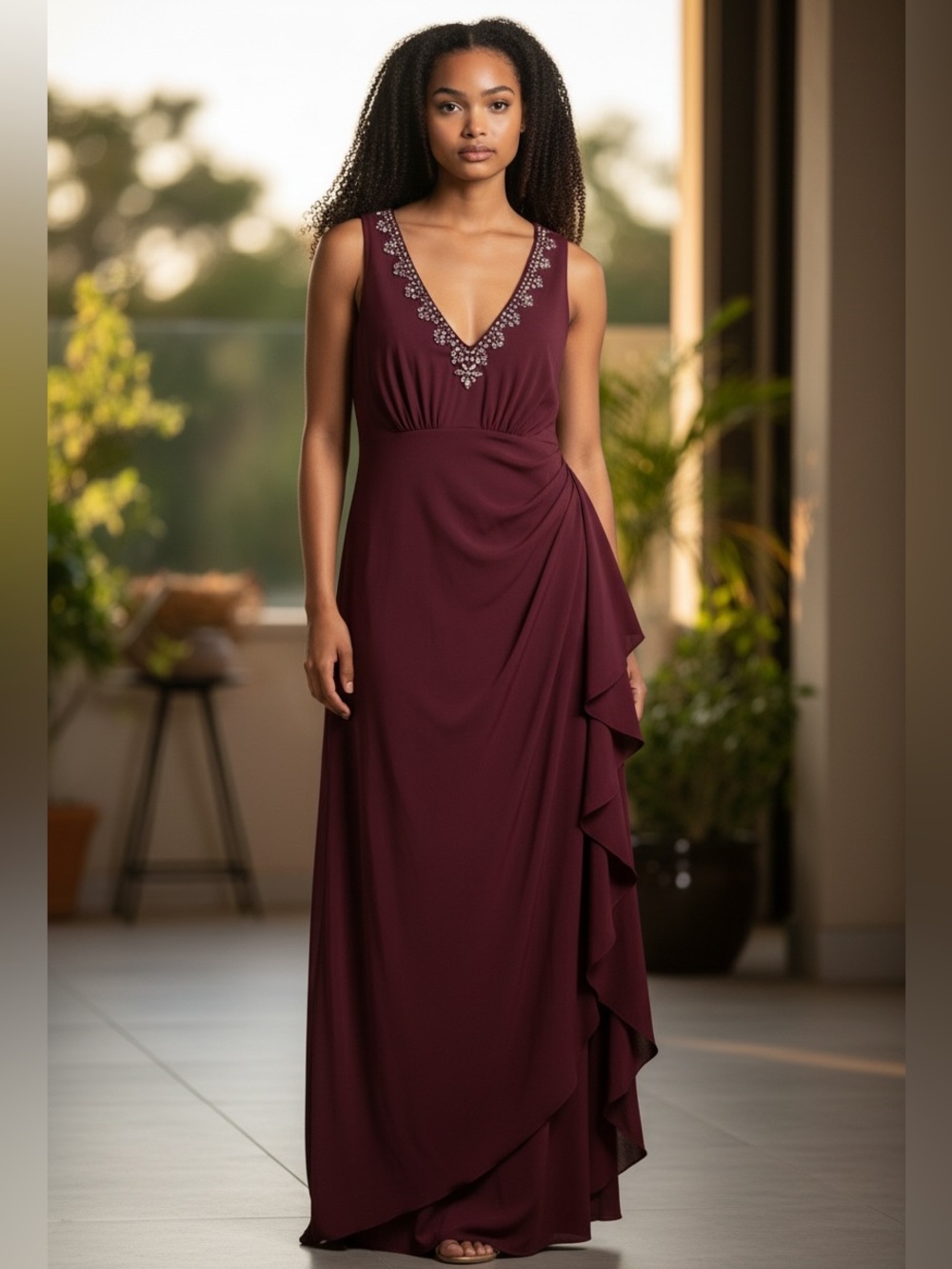 Alex Evenings Burgundy Sleeveless V-Neck Cascade Maxi Dress